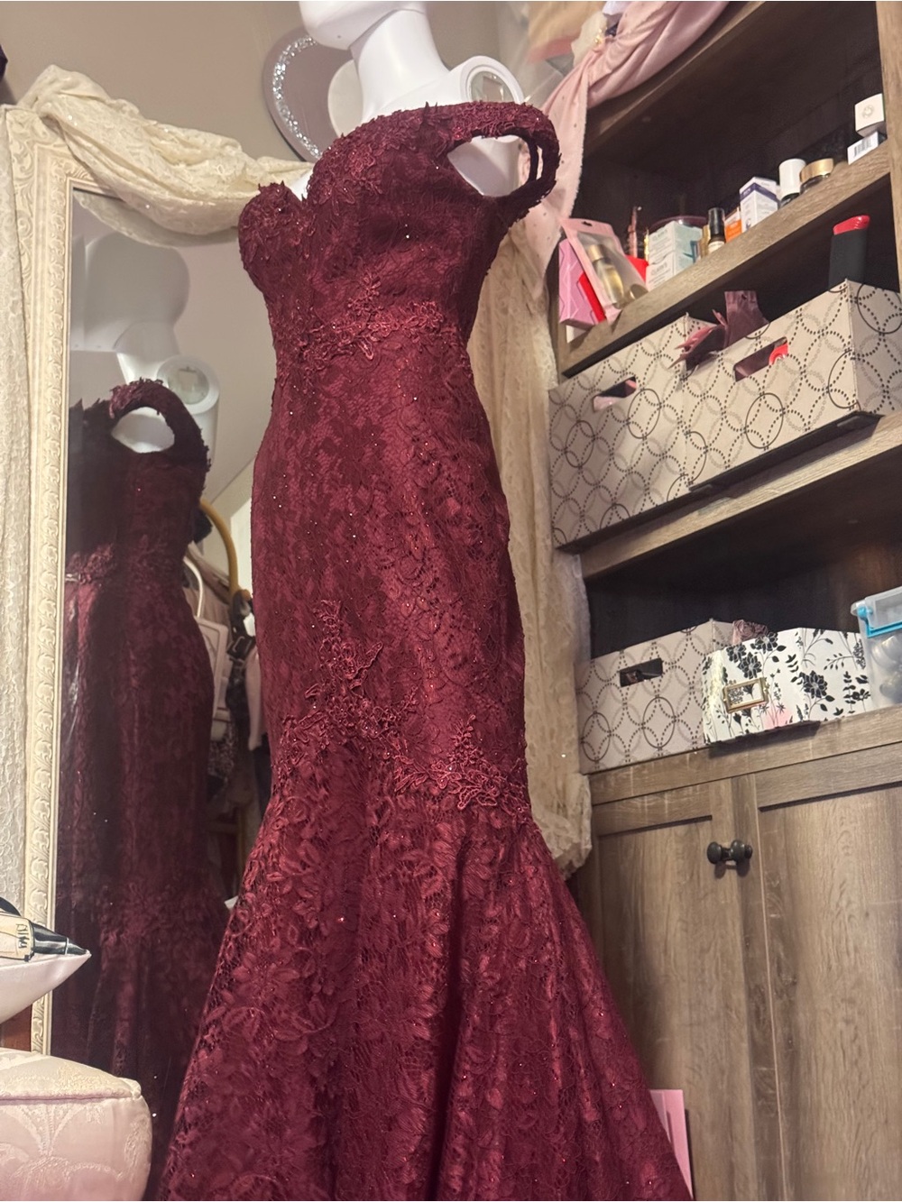 Intrigue by blush maroon lace and rhinestone mermaid prom dress